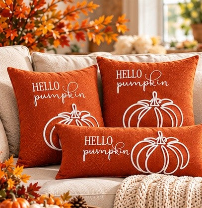 Hello Pumpkin Fall Harvest Cushion Cover – Autumn Decorative Accent Pillow– Pack of 2