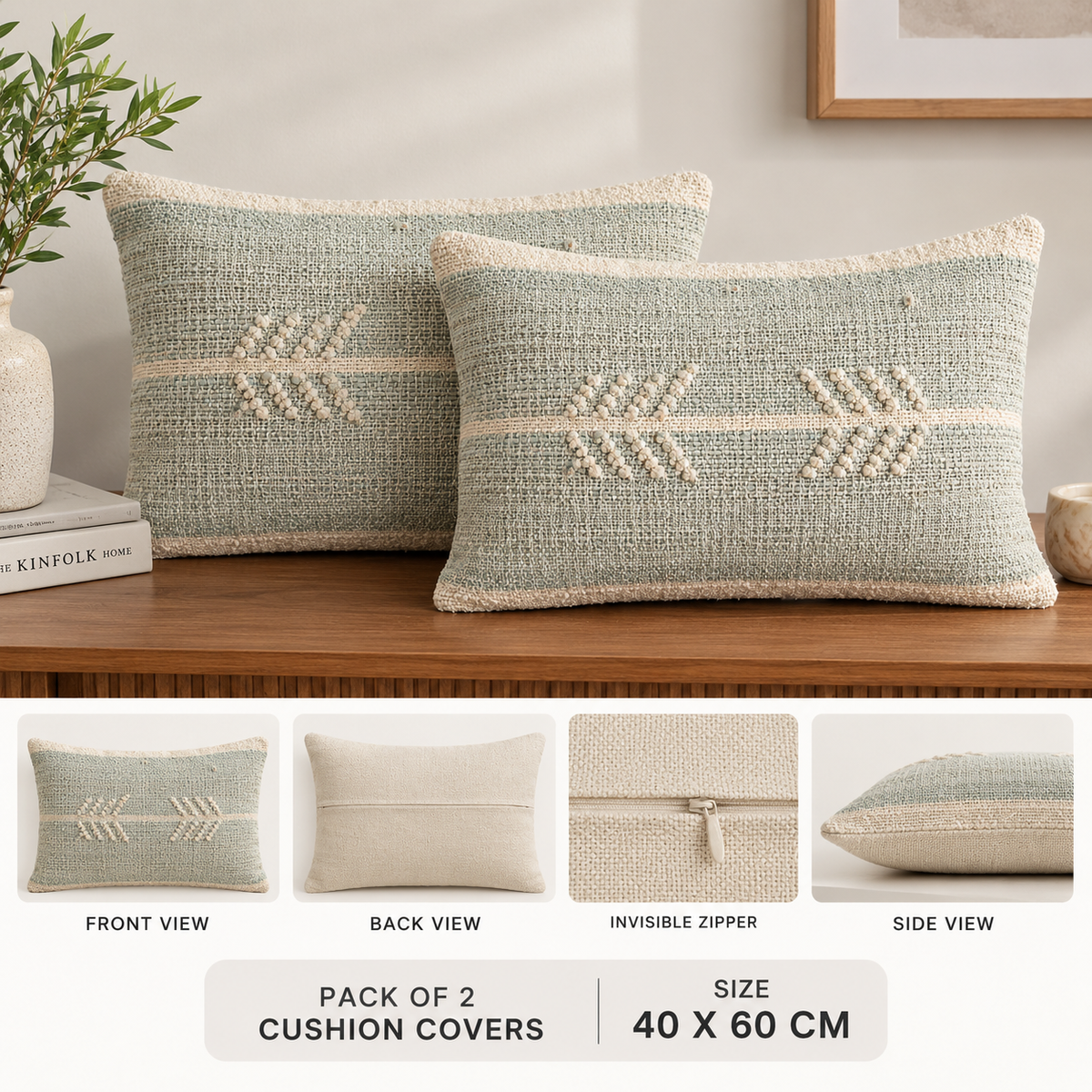 Sage Reverie Textured Cotton-Jute Cushion Cover