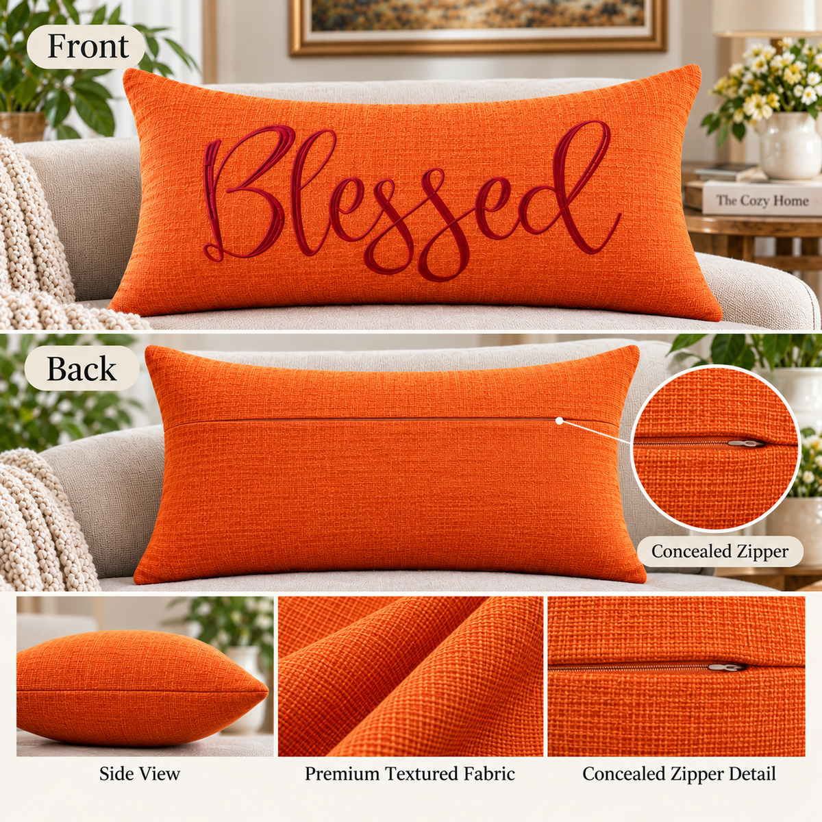 Grateful, Thankful & Blessed 3-Piece Lumbar Pillow Cover Set – Fall Inspirational Décor