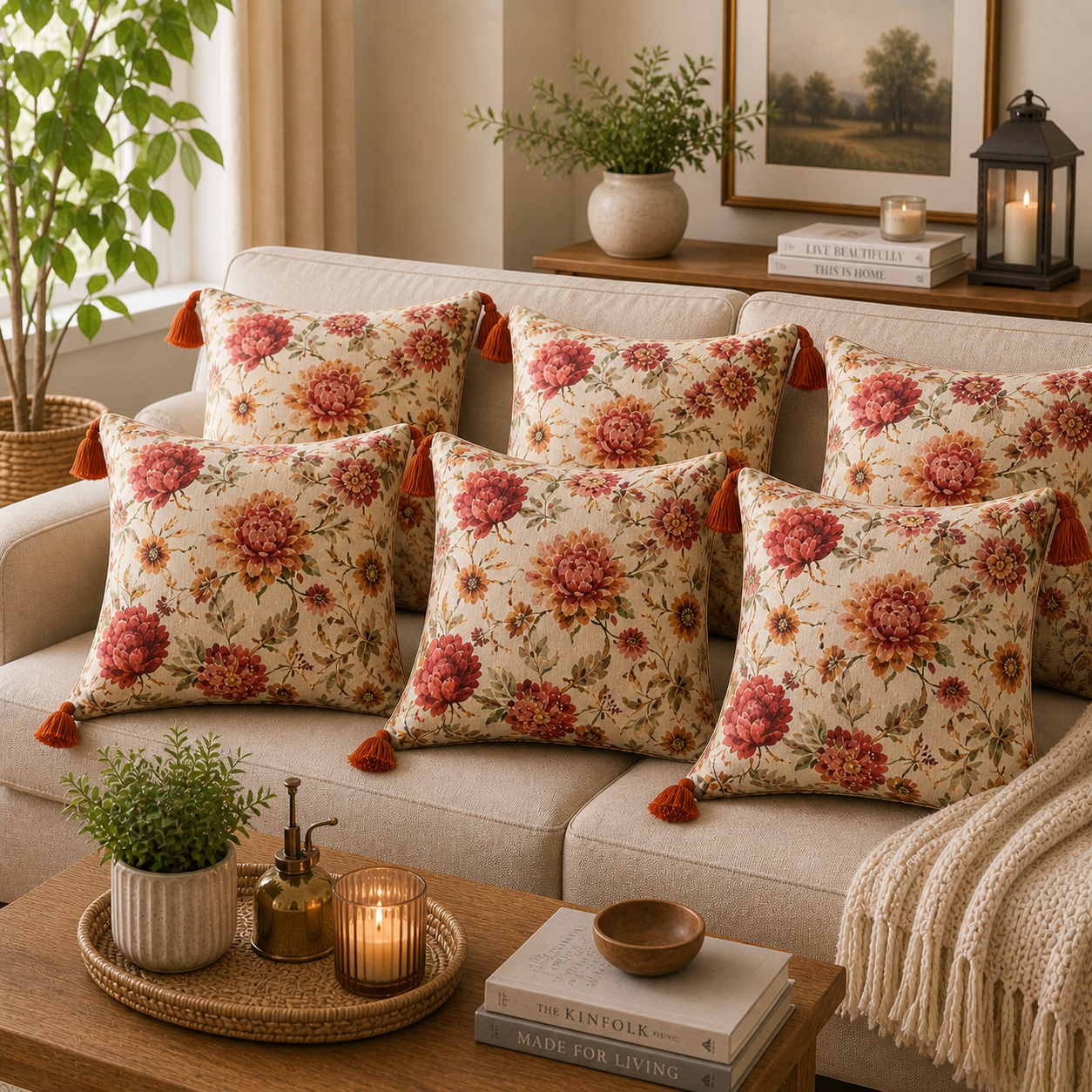 Ivory Glow Floral Tassel Cushion Cover