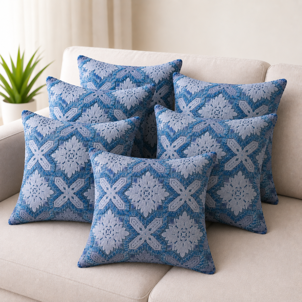 Indigo Mist Acid-Washed Crewel Cushion
