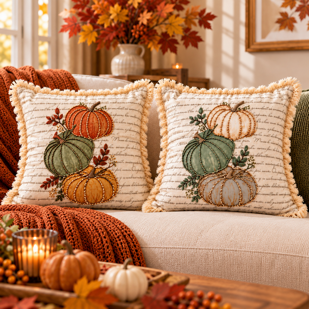 Autumn Pumpkin Beaded Decorative Pillow Covers – Pack of 2