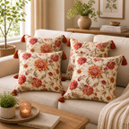Ivory Glow Floral Tassel Cushion Cover