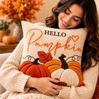 Hello Pumpkin Fall Embroidered Throw Pillow Cover – Autumn Harvest Décor- pack of 2