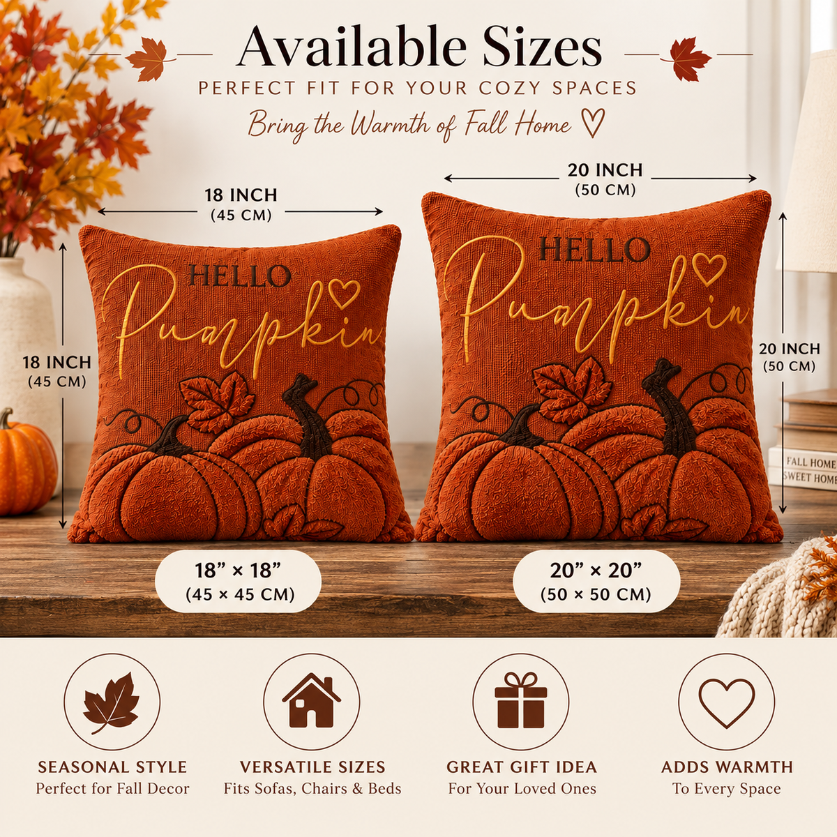 Hello Pumpkin Fall Embroidered Throw Pillow Cover – Autumn Harvest Décor- pack of 2