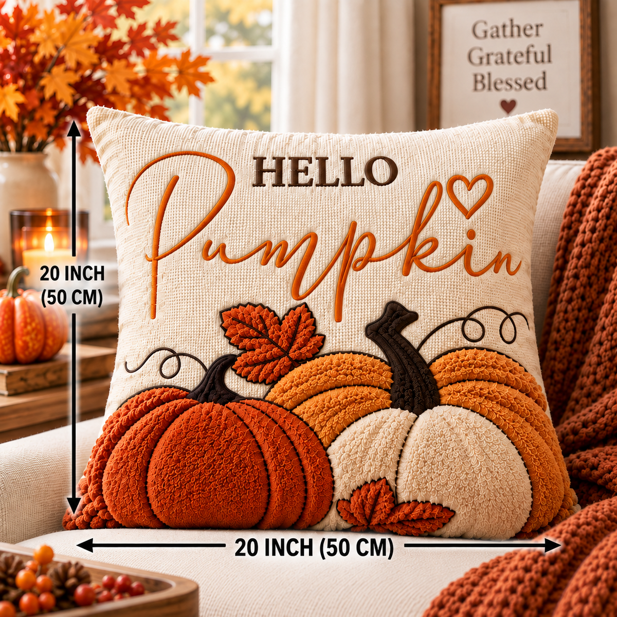 Hello Pumpkin Fall Embroidered Throw Pillow Cover – Autumn Harvest Décor- pack of 2