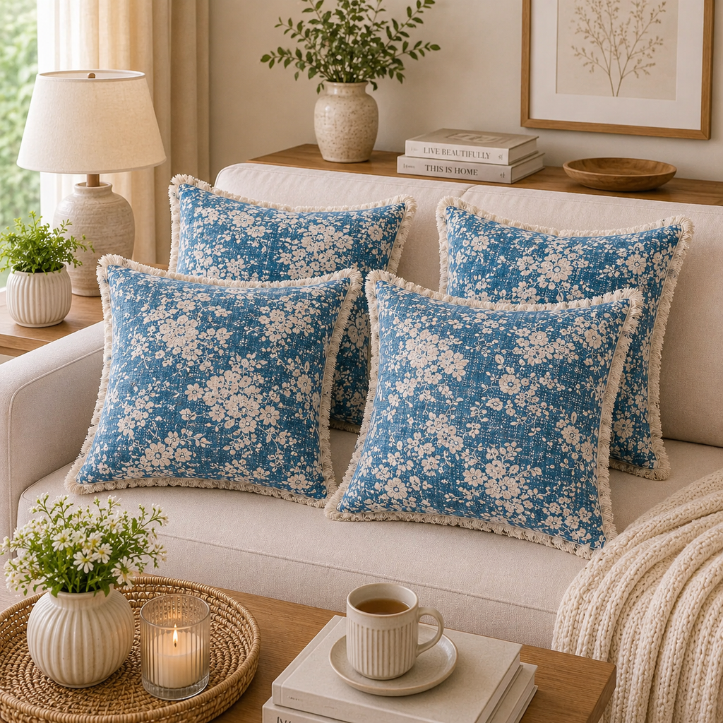 Elysian Blue Botanique Double Layer Cotton Gauze Cushion Cover