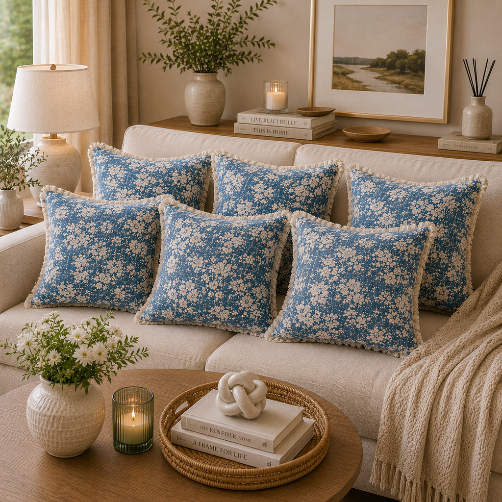 Elysian Blue Botanique Double Layer Cotton Gauze Cushion Cover