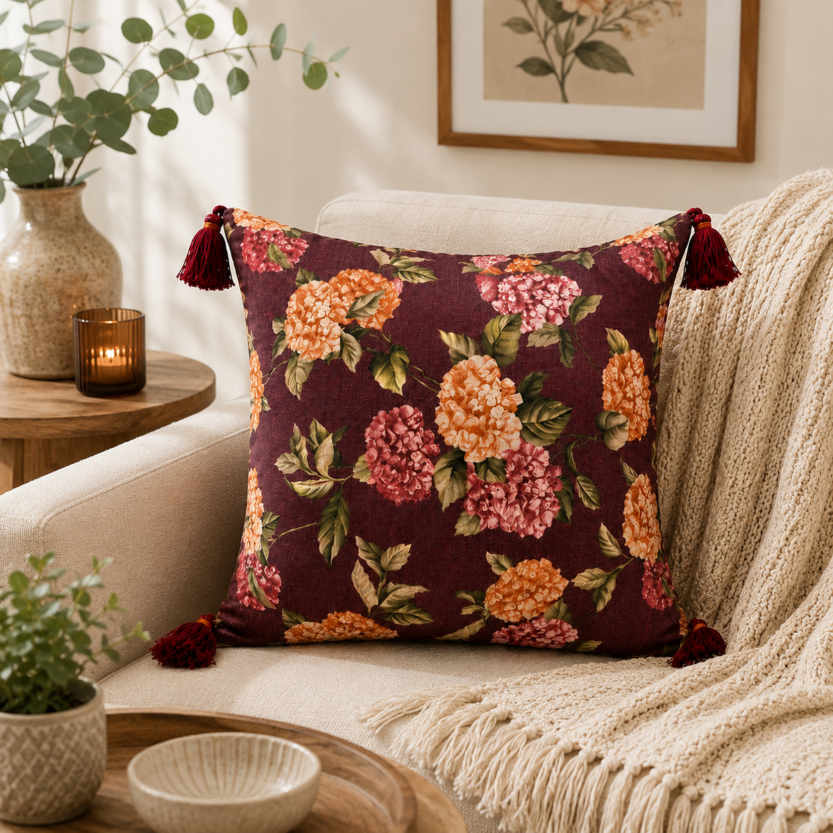 Brown Shimmery Floral Print Cushion Cover – Elegant Cotton Blend Decorative Pillow Cover