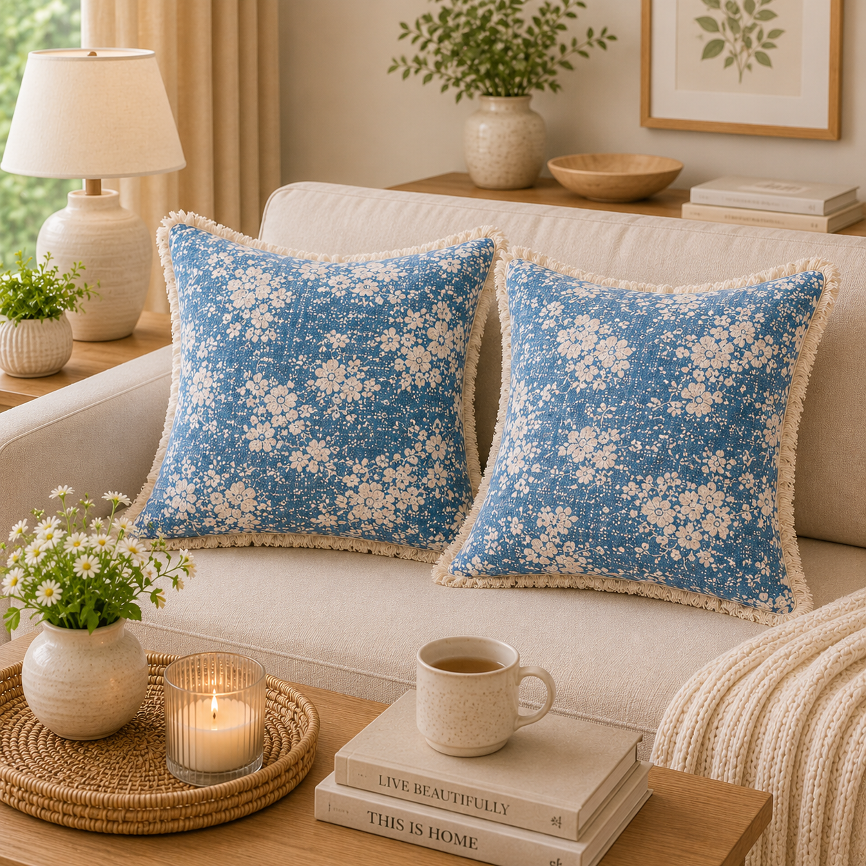 Elysian Blue Botanique Double Layer Cotton Gauze Cushion Cover