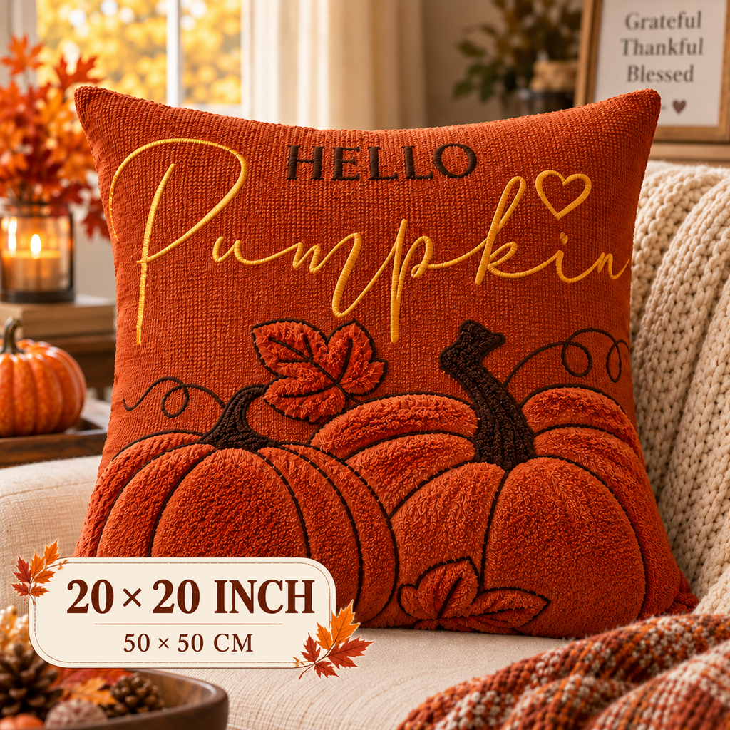Hello Pumpkin Fall Embroidered Throw Pillow Cover – Autumn Harvest Décor- pack of 2