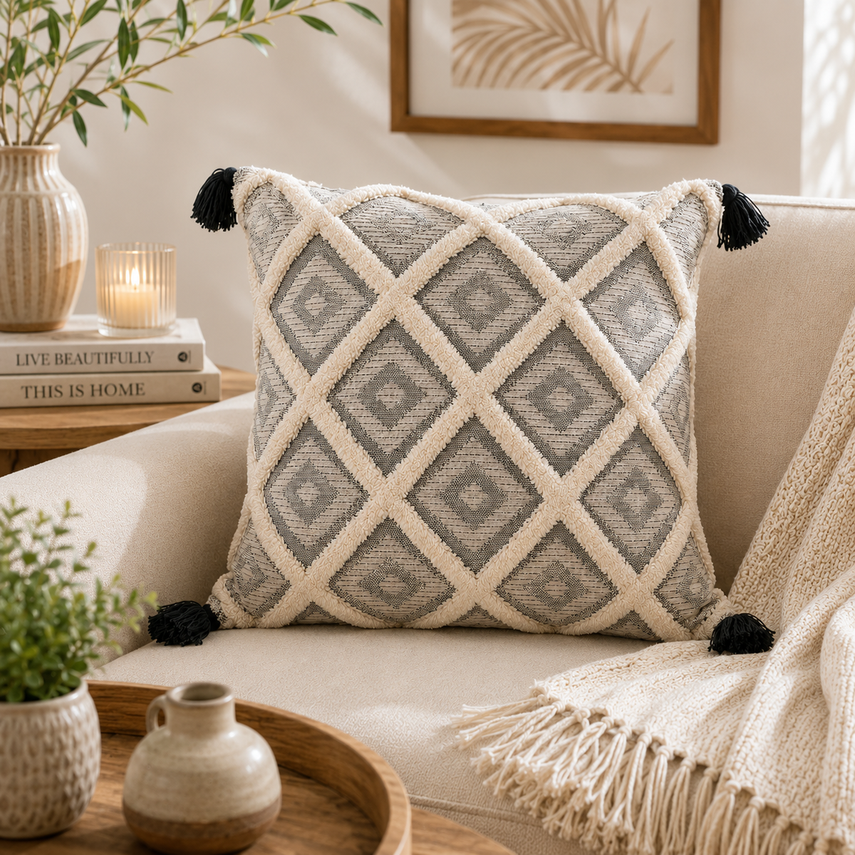Boho Diamond Tufted Cotton Cushion Covers