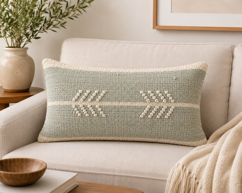 Sage Reverie Textured Cotton-Jute Cushion Cover