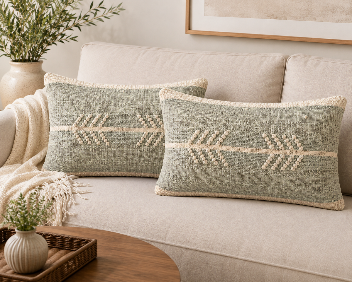 Sage Reverie Textured Cotton-Jute Cushion Cover
