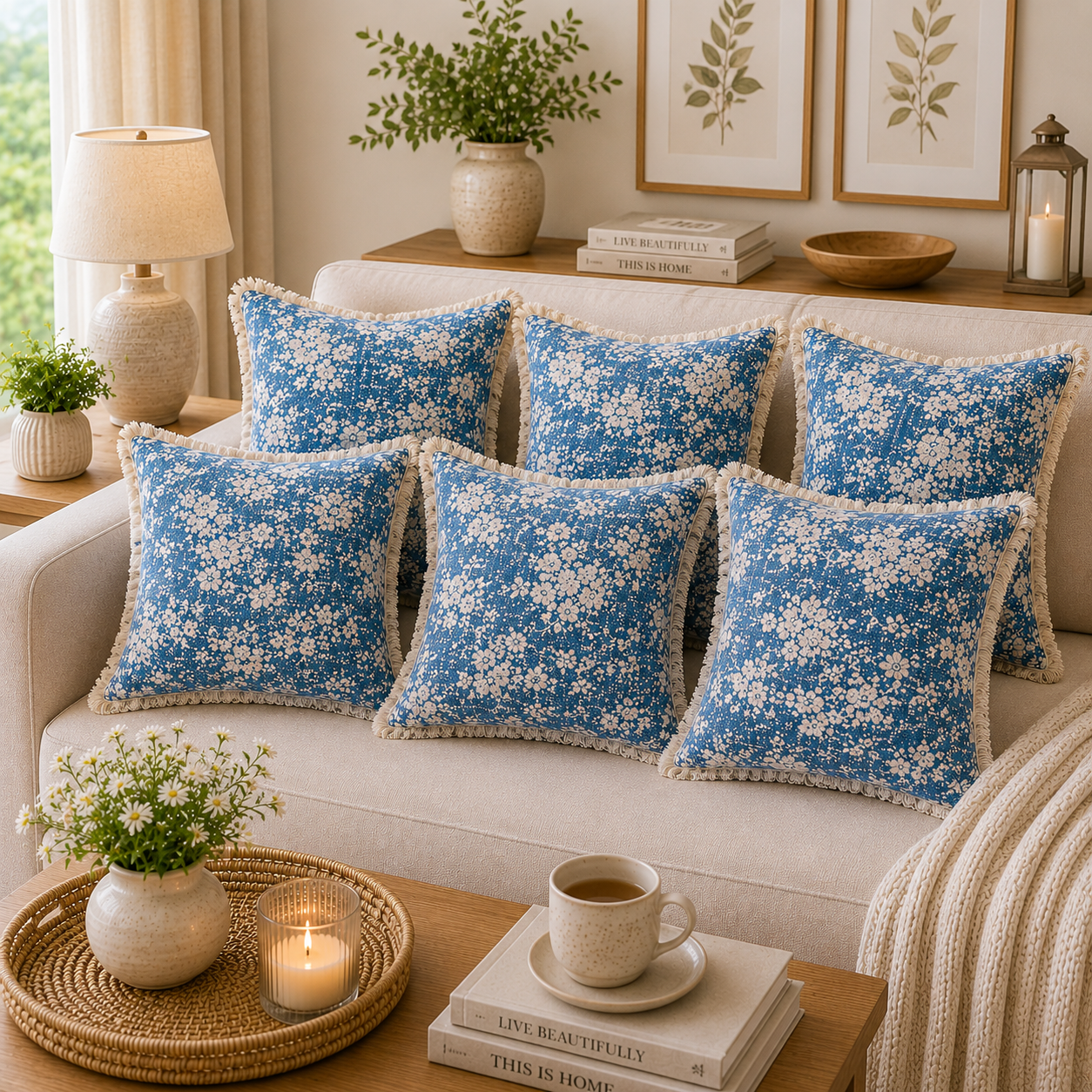 Elysian Blue Botanique Double Layer Cotton Gauze Cushion Cover