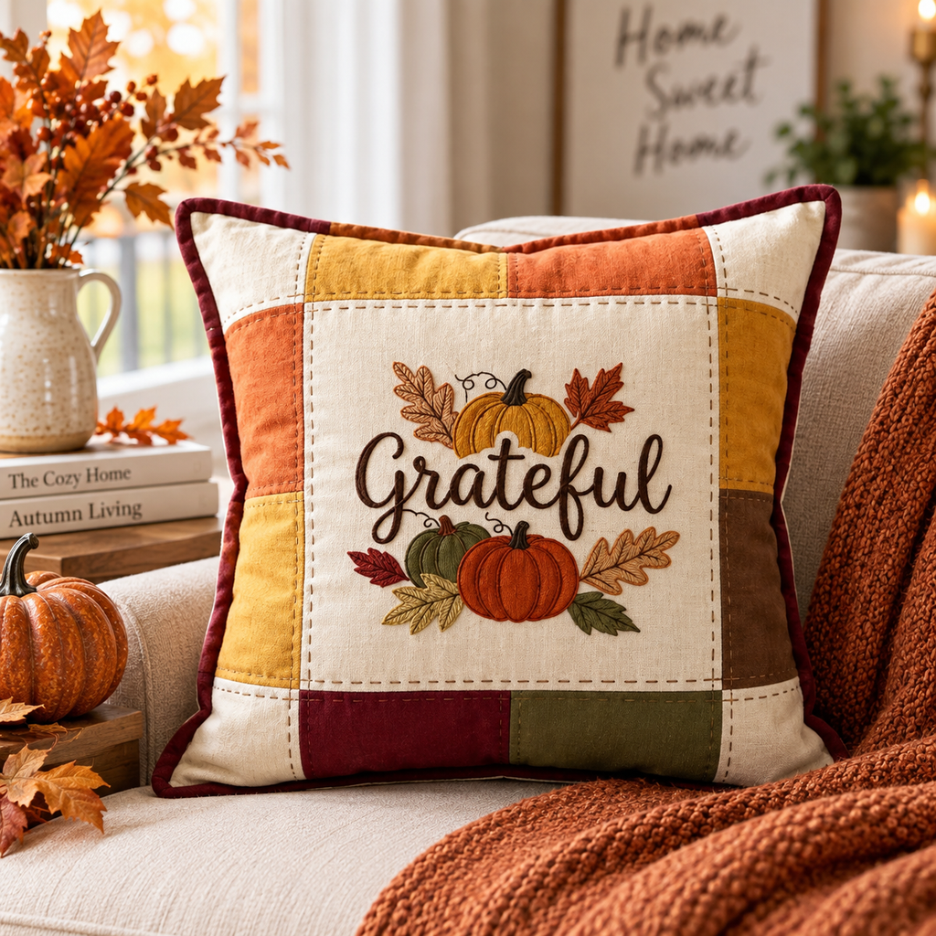 Grateful Harvest Pumpkin Cushion Cover – Autumn Patchwork Decorative Pillow - pack of 2