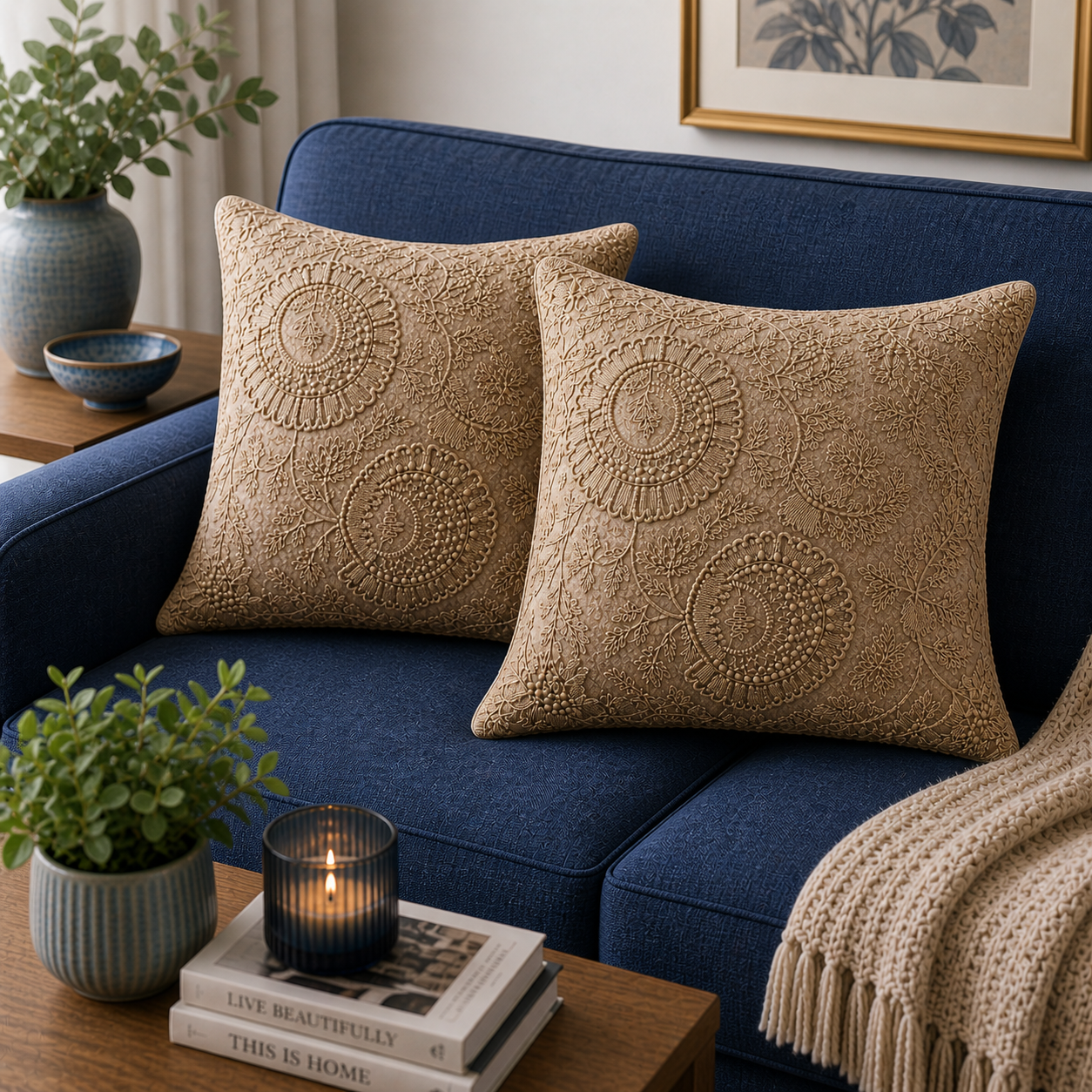 Umber Mist Hand-Embroidered Cushion Cover