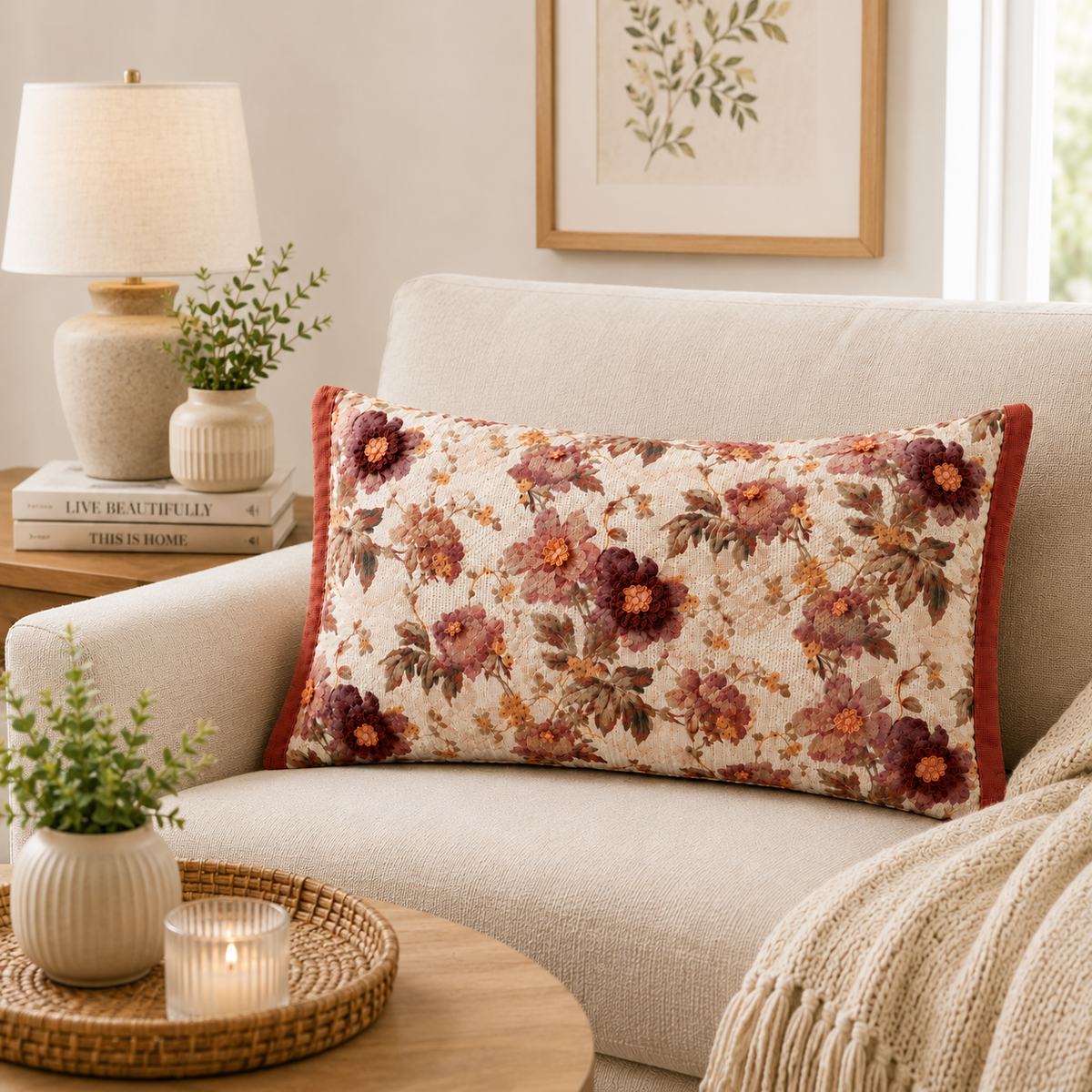 Autumn Rose Floral Accent Pillow Covers – Cotton & Jute Blend, Decorative Throw Pillows