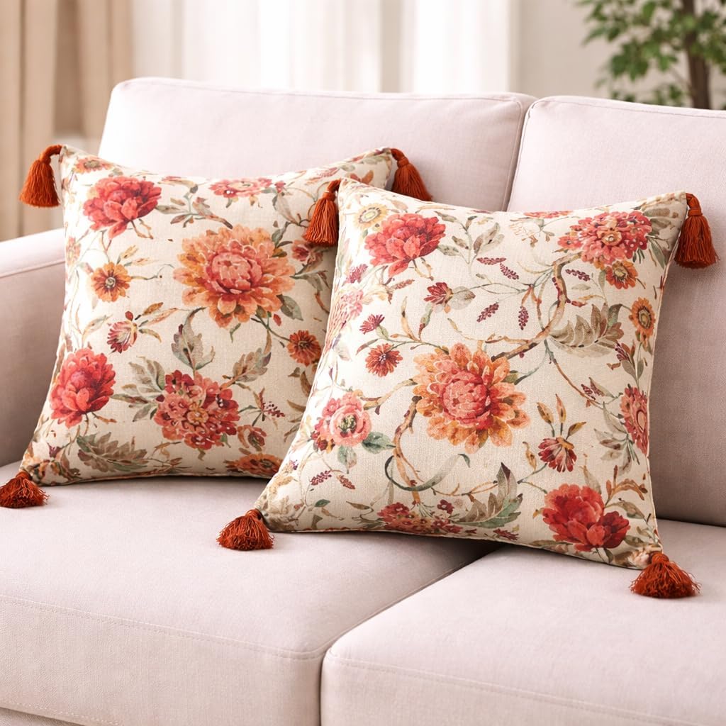 Ivory Glow Floral Tassel Cushion Cover