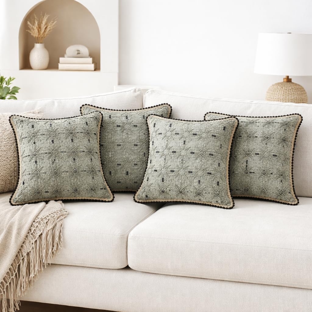Celeste Star Grid Cushion  Olive green