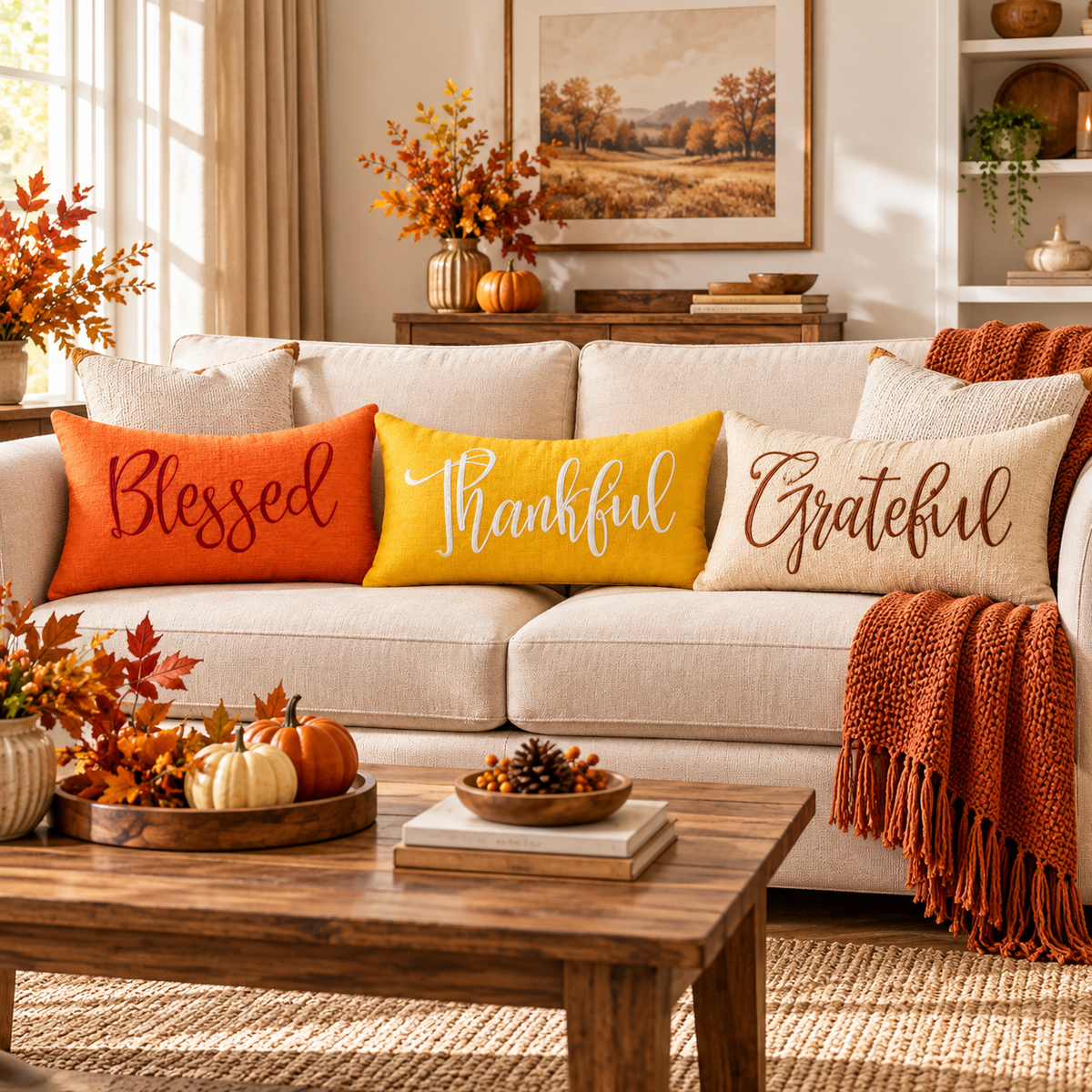 Grateful, Thankful & Blessed 3-Piece Lumbar Pillow Cover Set – Fall Inspirational Décor