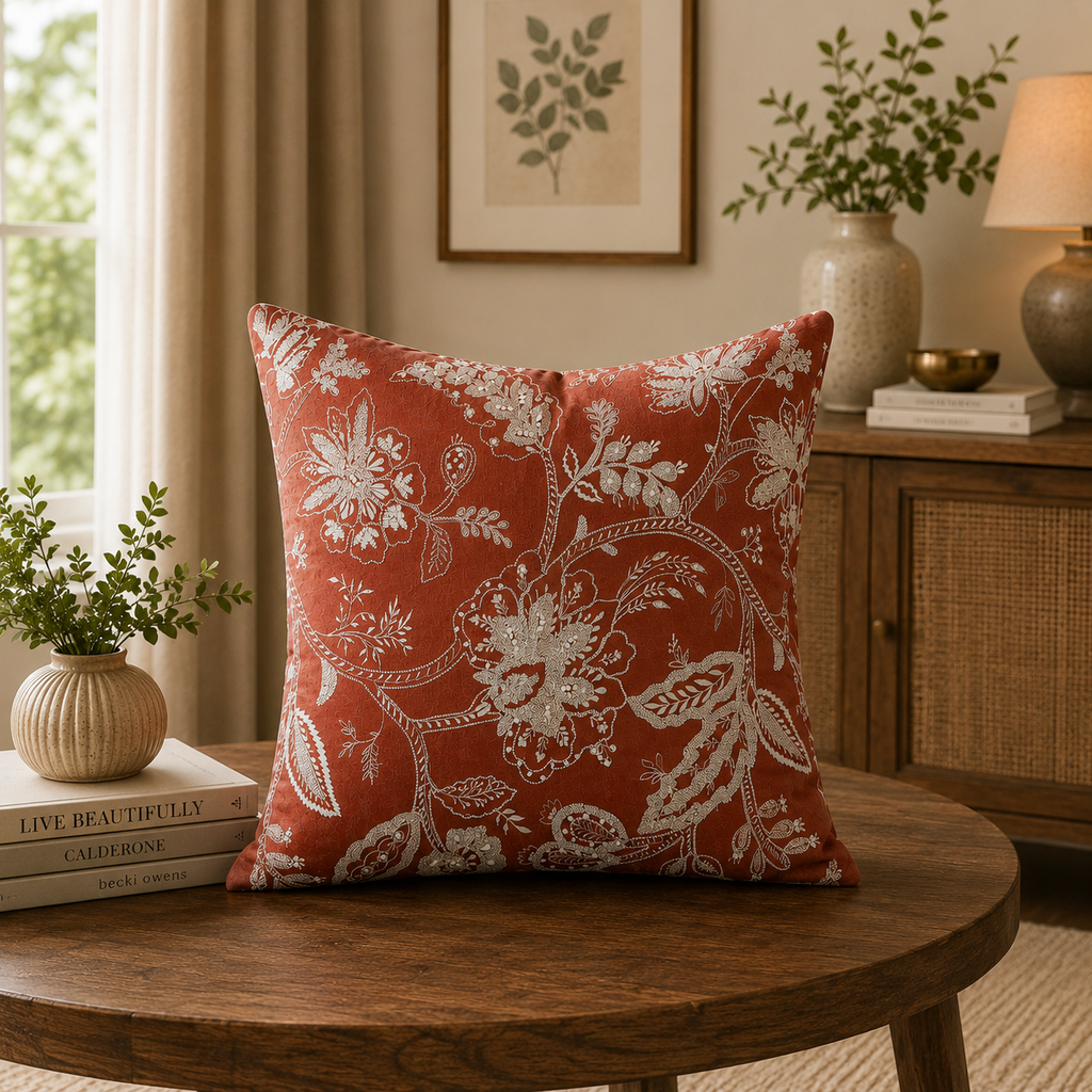 Handcrafted Garden Embroidered Linen Cushion Cover