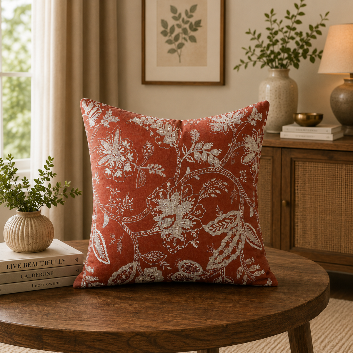 Handcrafted Garden Embroidered Linen Cushion Cover