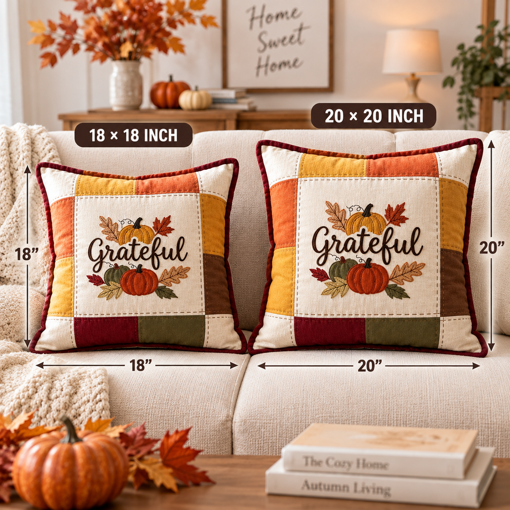 Grateful Harvest Pumpkin Cushion Cover – Autumn Patchwork Decorative Pillow - pack of 2