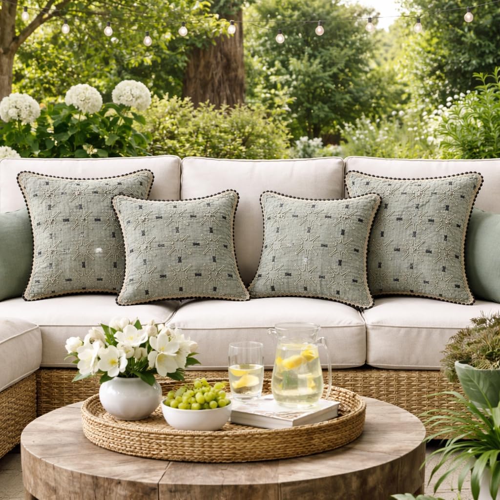 Celeste Star Grid Cushion  Olive green