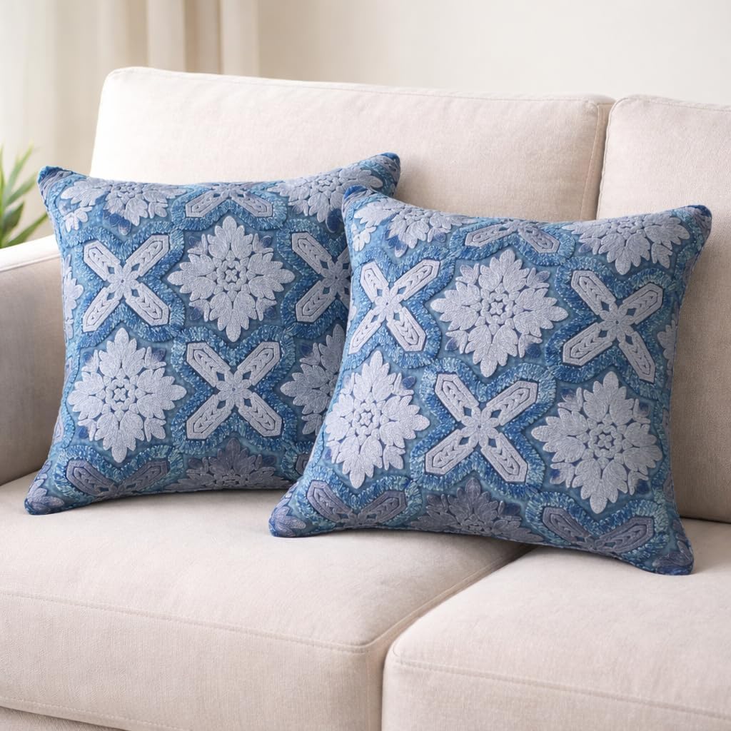 Indigo Mist Acid-Washed Crewel Cushion