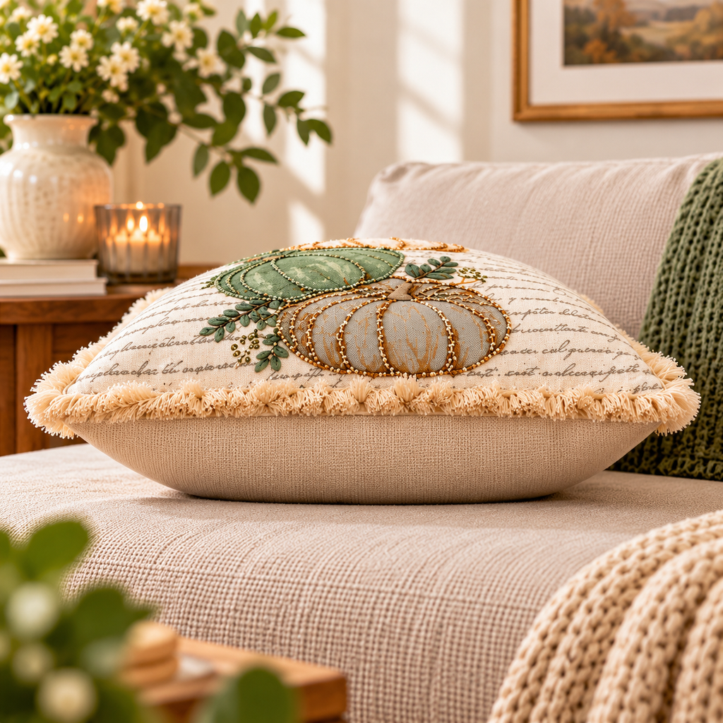 Autumn Pumpkin Beaded Decorative Pillow Covers – Pack of 2