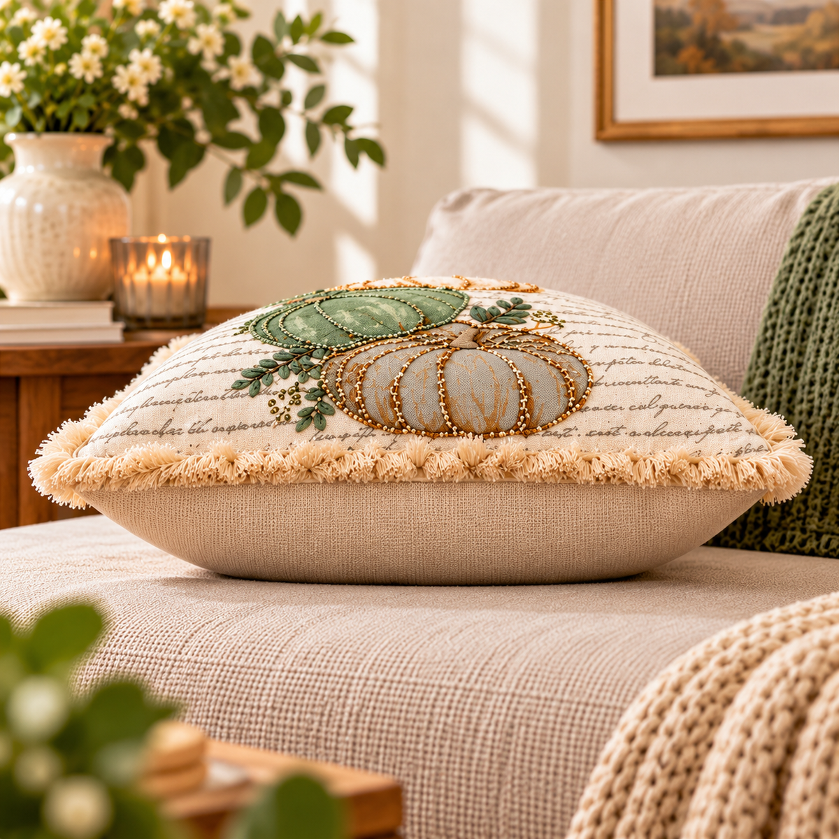 Autumn Pumpkin Beaded Decorative Pillow Covers – Pack of 2