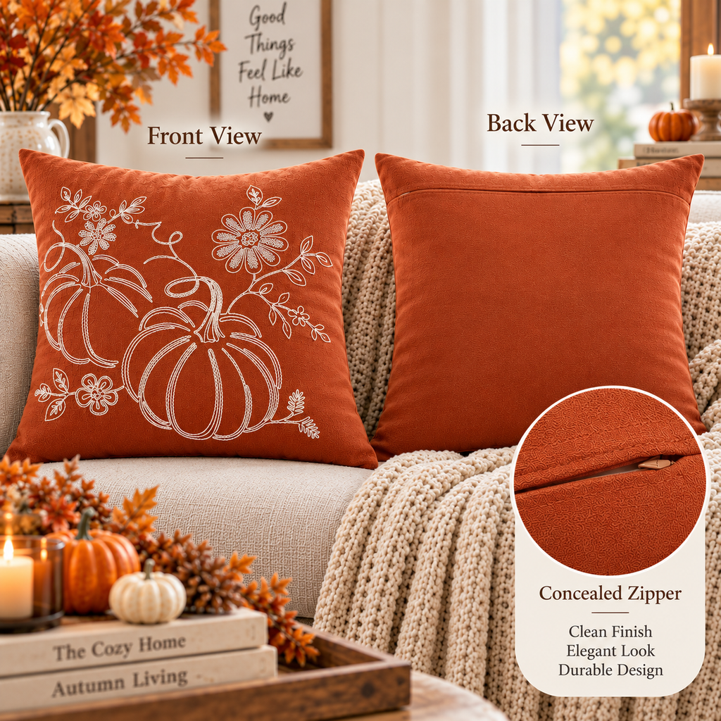 Pumpkin Harvest Throw Cushion Cover – Autumn Fall Decorative Accent Pillow - pack of 2