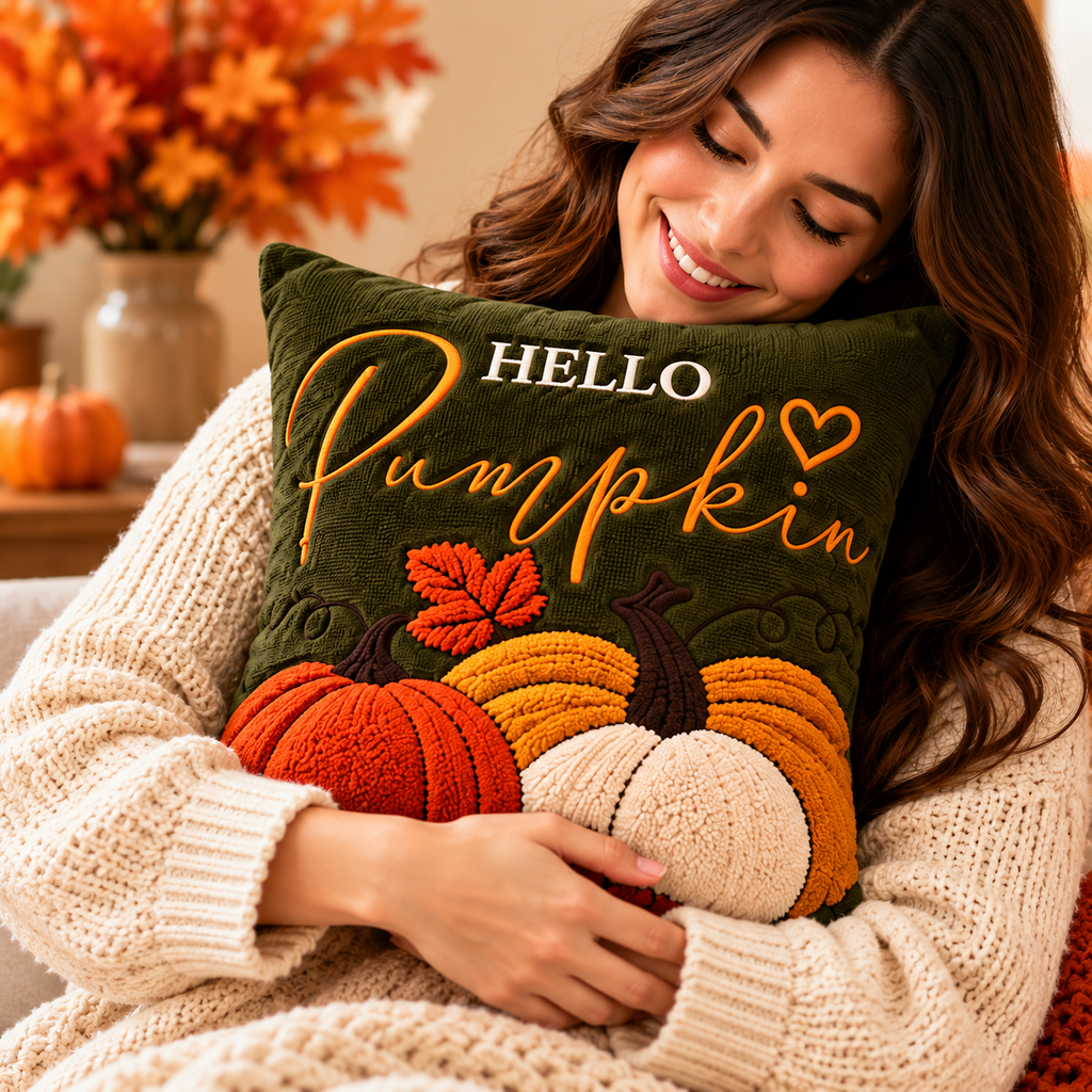 Hello Pumpkin Fall Embroidered Throw Pillow Cover – Autumn Harvest Décor- pack of 2