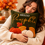 Hello Pumpkin Fall Embroidered Throw Pillow Cover – Autumn Harvest Décor- pack of 2