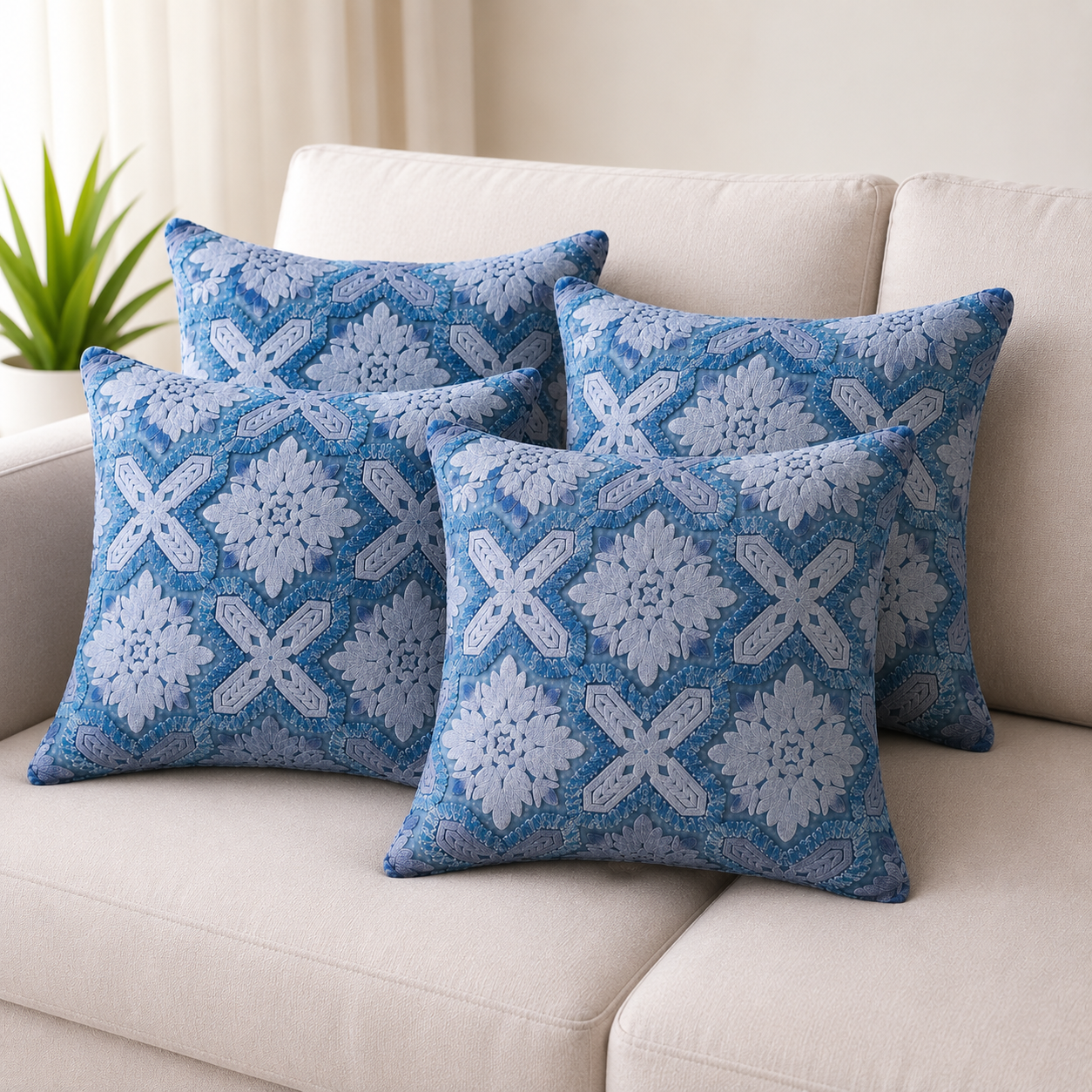 Indigo Mist Acid-Washed Crewel Cushion