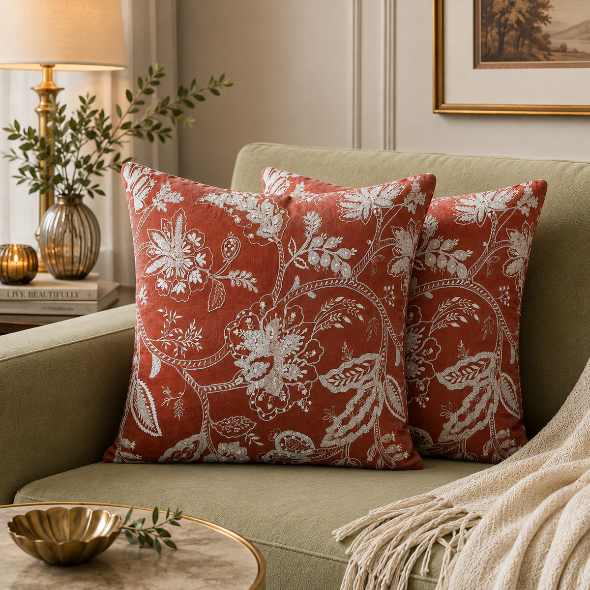 Handcrafted Garden Embroidered Linen Cushion Cover