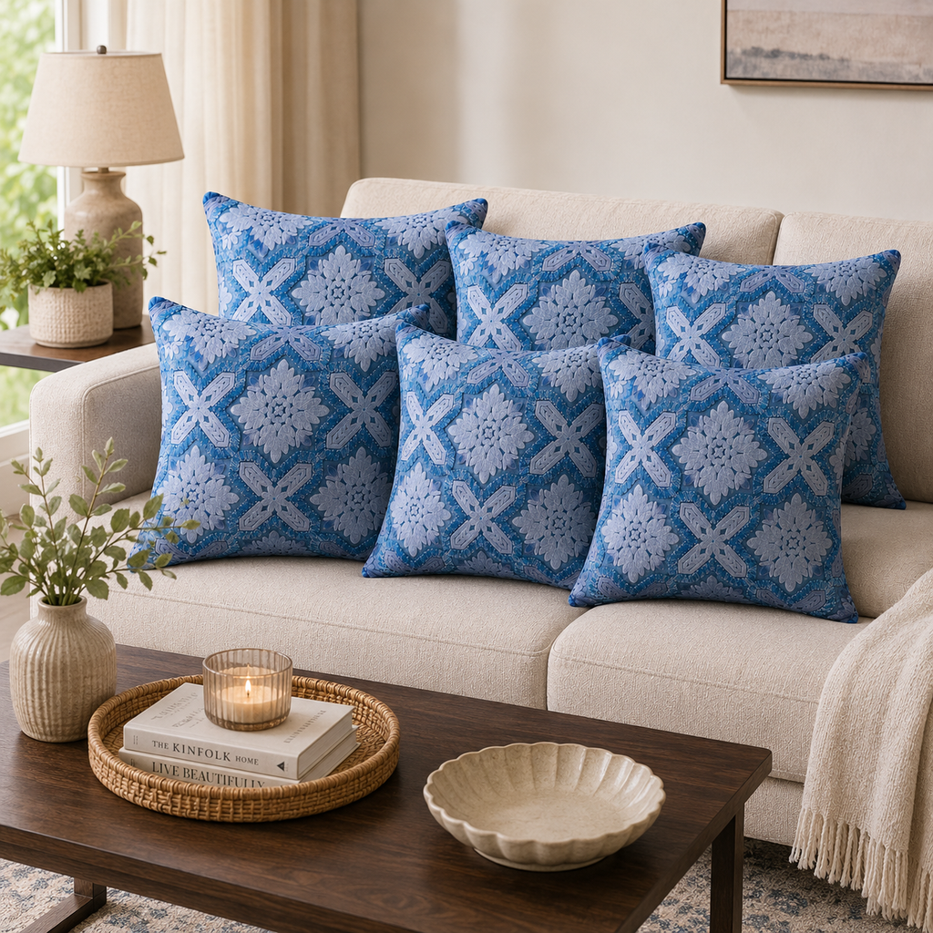 Indigo Mist Acid-Washed Crewel Cushion