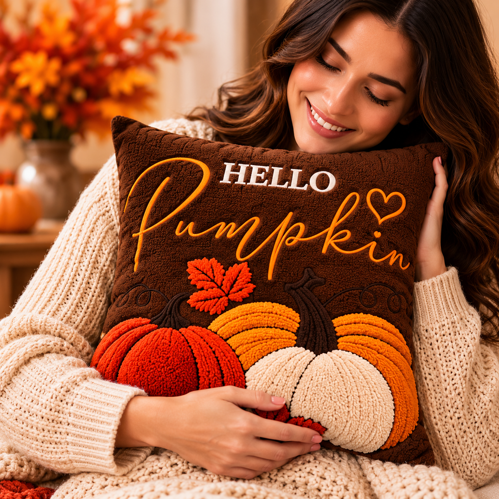 Hello Pumpkin Fall Embroidered Throw Pillow Cover – Autumn Harvest Décor- pack of 2