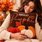 Hello Pumpkin Fall Embroidered Throw Pillow Cover – Autumn Harvest Décor- pack of 2