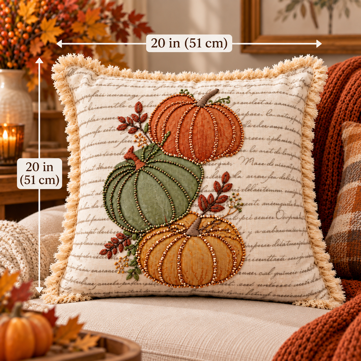 Autumn Pumpkin Beaded Decorative Pillow Covers – Pack of 2