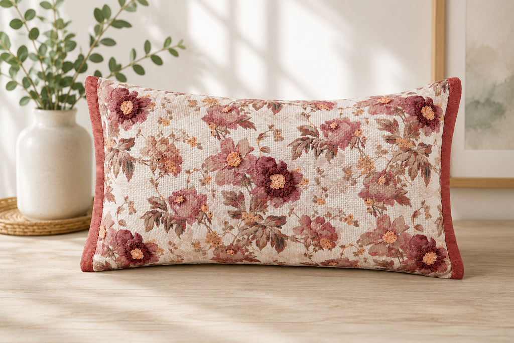 Autumn Rose Floral Accent Pillow Covers – Cotton & Jute Blend, Decorative Throw Pillows