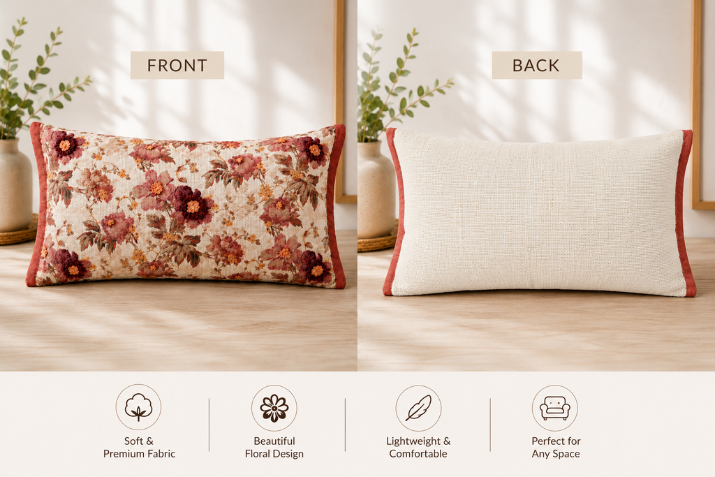 Autumn Rose Floral Accent Pillow Covers – Cotton & Jute Blend, Decorative Throw Pillows
