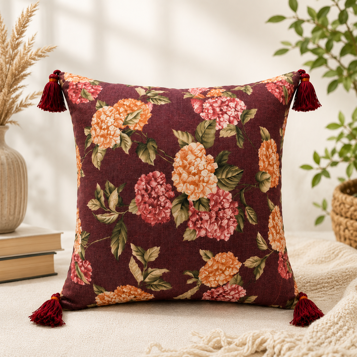 Brown Shimmery Floral Print Cushion Cover – Elegant Cotton Blend Decorative Pillow Cover