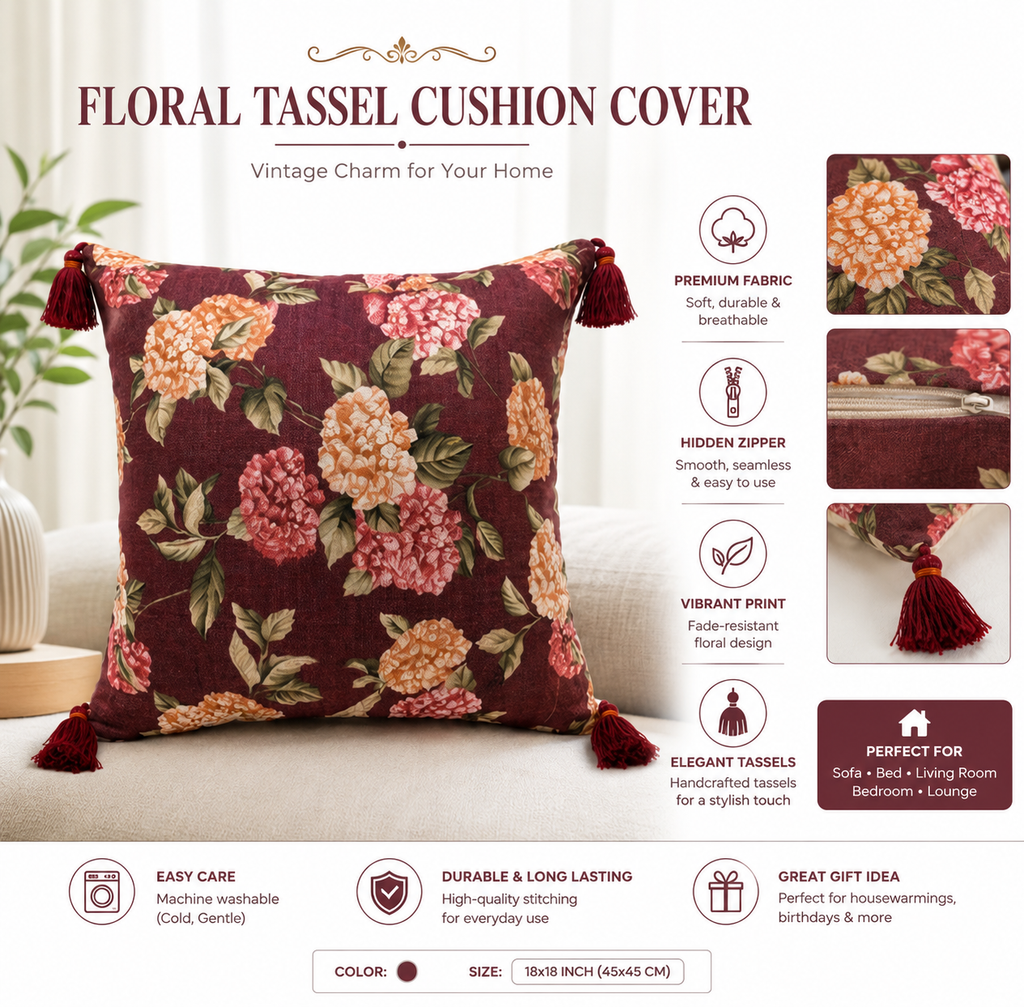 Brown Shimmery Floral Print Cushion Cover – Elegant Cotton Blend Decorative Pillow Cover