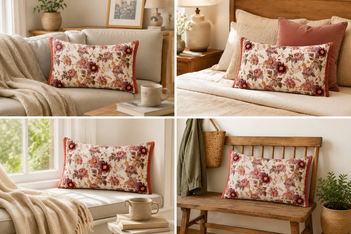 Autumn Rose Floral Accent Pillow Covers – Cotton & Jute Blend, Decorative Throw Pillows