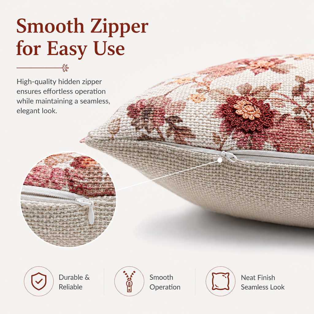 Autumn Rose Floral Accent Pillow Covers – Cotton & Jute Blend, Decorative Throw Pillows