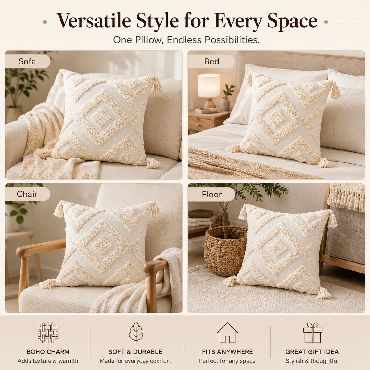 Ivory Tufted Bliss cotton Cushion Covers