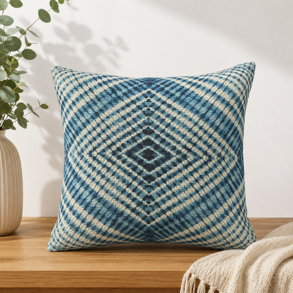 Sapphire Grid Cotton Cushion Cover – Woven Decorative Throw Pillow Cover