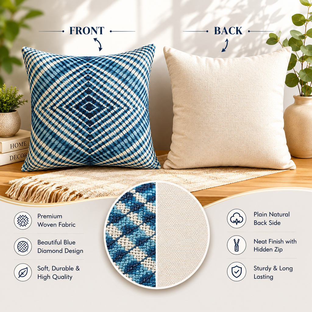 Sapphire Grid Cotton Cushion Cover – Woven Decorative Throw Pillow Cover